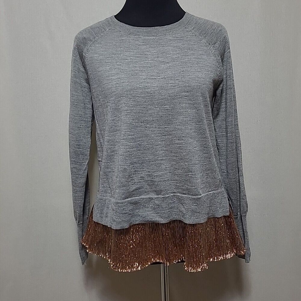 J Crew Merino Wool Knit Metallic Lame Layered Sweater Size XS Grey Copper